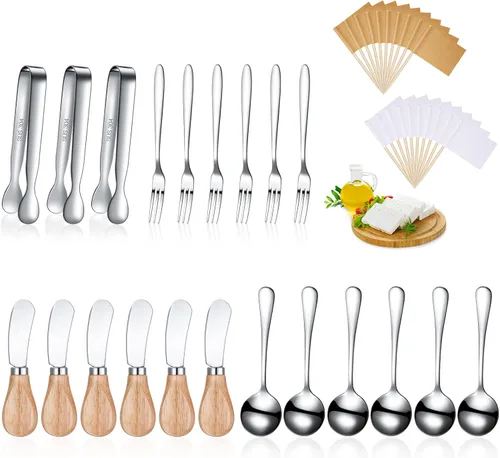 Miniatura 7 de Juego de 34 cuchillos esparcidores de mantequilla de queso, cuchillos esparcidores de acero inoxidable con asas de madera, tableros de charcutería