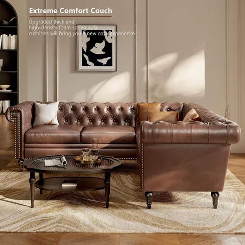 Miniatura 3 de Sofá modular Chesterfield de 85 pulgadas, sofá convertible de piel sintética en forma de L con cabeza de clavo copetuda y brazos enrollados, sofás
