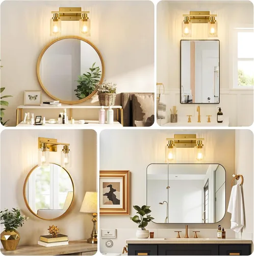 Miniatura 4 de Jonsi Accesorios de iluminación de baño dorados, 2 luces de tocador de oro cepillado con pantalla de vidrio estriada, luces modernas sobre espejo