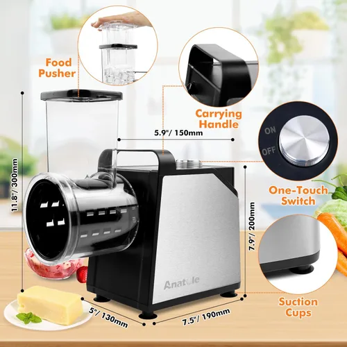 Miniatura 5 de Rallador Eléctrico de Queso Anatole de 7 Cuchillas, Rectificador de Hielo de Acero Inoxidable, Triturador de Vegetales de 250W, Libre de BPA, 110V