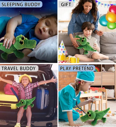 Miniatura 4 de DolliBu - Animal de peluche de cocodrilo verde, súper suave, ojos grandes abrazables para niños y adultos, 6 pulgadas