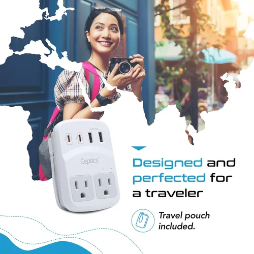 Miniatura 4 de Kit de adaptador de viaje mundial Ceptics 2 USB-A, USB-C, tomas de corriente EE. UU., entrega de potencia 20W/QC 18W, protección contra