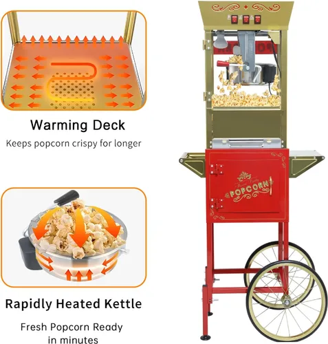 Miniatura 6 de Máquina de palomitas de maíz de 12 onzas con carrito (rojo) - Máquina de palomitas de maíz vintage de gran capacidad - 3 interruptores fáciles