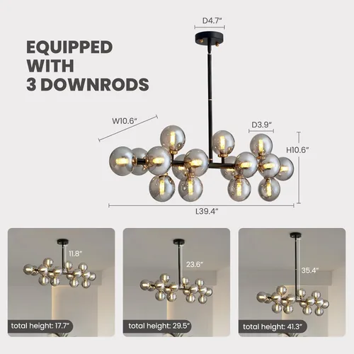 Miniatura 6 de 16 Luces Araña Moderna de Mediados de Siglo Negro Araña Lineal Accesorios de Iluminación Globo de Vidrio Luz Colgante Sputnik para Comedor Isla