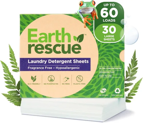 Earth Rescue Hojas de detergente para ropa – Hasta 60 cargas (30 hojas) – Sin perfume, hipoalergénico, concentrado sin líquido, detergente seco para
