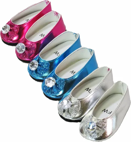 Miniatura 5 de American Fashion World Zapatos planos con lazo de diamante metálico rosa intenso, lavanda y verde azulado para muñecas de 14 pulgadas, paquete de 3