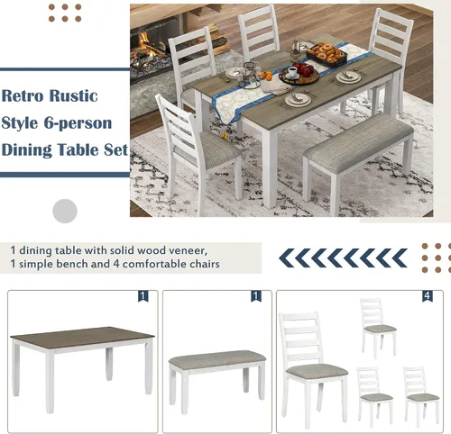 Miniatura 5 de Harper & Bright Designs Juego de mesa de comedor de granja de 6 piezas con banco, mesa de comedor de madera con 4 sillas y un banco para cocina