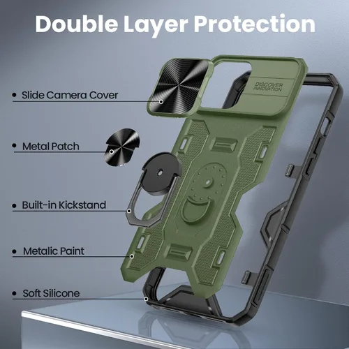 Miniatura 7 de VEGO Funda con soporte para iPhone 13 Pro Max / 12 Pro Max de 6.7 pulgadas con cubierta deslizante para lente, soporte de anillo giratorio de 360