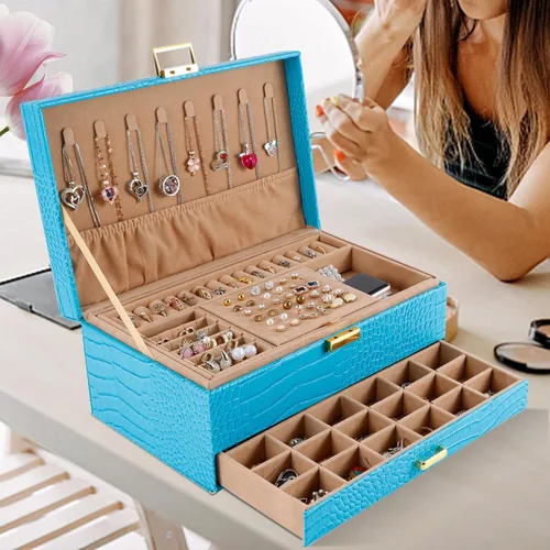 Miniatura 7 de Gifturbo Caja organizadora de joyas para mujeres y niñas, cajas de joyería de piel sintética azul, 3 capas de joyería, caja de regalo para pulseras