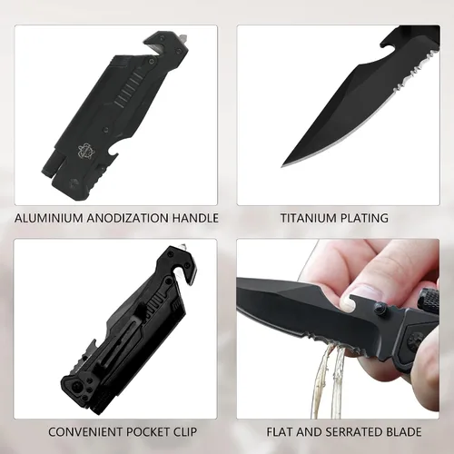 Miniatura 4 de Cuchillo de bolsillo militar EDC de 8.5 pulgadas para exteriores, 7 en 1, cuchillos plegables multifunción con iniciador de fuego, cortador de Negro