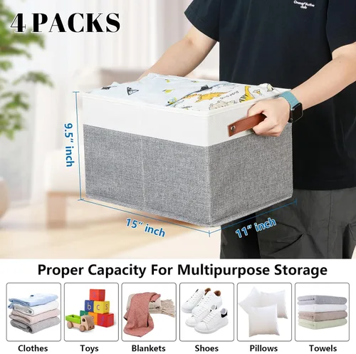 Miniatura 5 de Bidtakay Paquete de 4 cestas de almacenamiento plegables de tela para organizar 15 x 11 x 9.5 pulgadas, color blanco y gris claro