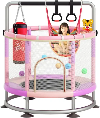Trampolín de 60 pulgadas para niños, trampolín para bebés y niños pequeños de fondo redondo antivuelco con aro de baloncesto, minitrampolín