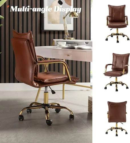 Miniatura 6 de HULALA HOME Silla de escritorio de piel sintética para oficina en casa, silla giratoria ajustable para computadora con patas y brazos dorados, Patas