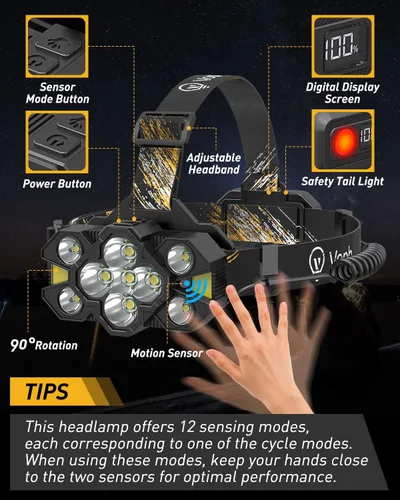 Miniatura 3 de Linterna frontal recargable, lámpara de cabeza súper brillante, 12 modos de luz de cabeza con sensor de movimiento, lámparas de cabeza impermeables
