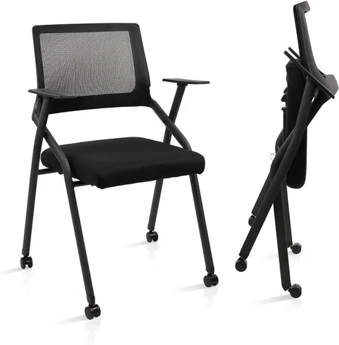 CLATINA Sillas plegables apilables para sala de conferencias con ruedas, silla de escritorio de oficina acolchada portátil con soporte lumbar y