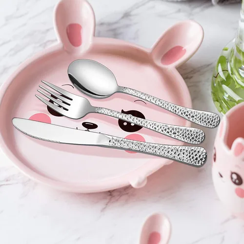 Miniatura 3 de LIANYU Juego de cubiertos de 12 piezas para niños, cubiertos martillados de acero inoxidable, vajilla para niños, incluye cuchillos, tenedores