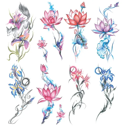 Miniatura 13 de 8 hojas de tatuajes temporales negros con flechas, brújulas, plumas, dragones, anclas, espadas, serpientes, árboles y flores para el brazo
