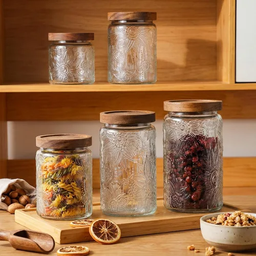 Miniatura 7 de Suclain 5 tarros de vidrio vintage de girasol con tapa hermética de bambú de 17/24/34 onzas, almacenamiento para cocina, encimera, despensa, harina