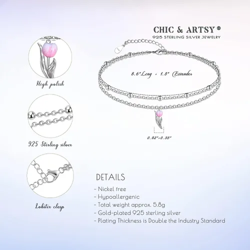 Miniatura 165 de CHIC & ARTSY Tobilleras delicadas de plata de ley S925 para verano, pulsera de tobillo ajustable multicapa para playa, joyería de pie para mujer