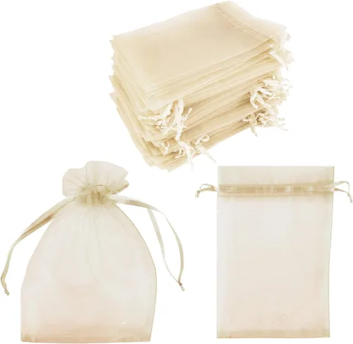 Miniatura 11 de Super Z Outlet Paquete de 100 mini bolsas transparentes de organza transparentes con cordón de 4 x 6 pulgadas, bolsas de joyería para bodas, Dorado