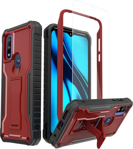 ExoGuard Funda para Moto G Pure, funda de goma a prueba de golpes de cuerpo completo con protector de pantalla de vidrio templado con soporte Rojo