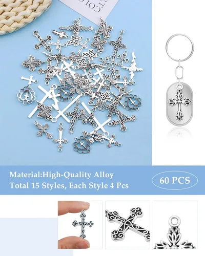 Miniatura 3 de 60 piezas de dijes de cruz de plata antigua, conector de crucifijo de aleación para collares, pulseras, aretes, elaboración de joyas (15 estilos)