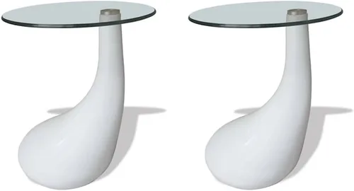 Miniatura 2 de Mesas de centro de 2 piezas con tapa redonda de cristal blanco de alto brillo, mesas auxiliares para sala de estar, mesas de centro para sala