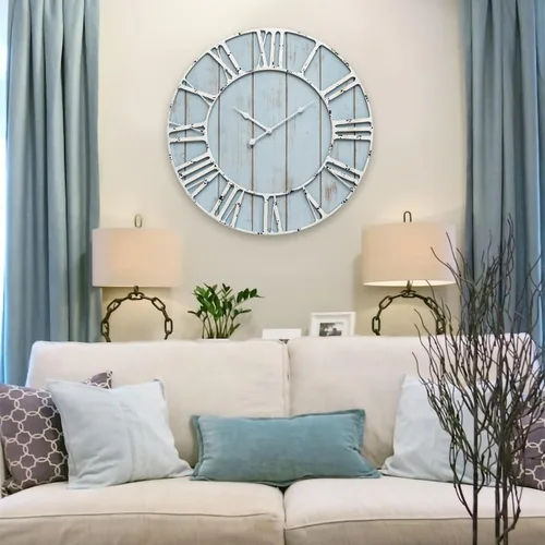 EMAX HOME Reloj de pared grande estilo granja de 61 cm, reloj de pared vintage azul con marcado silencioso y números romanos minimalistas para
