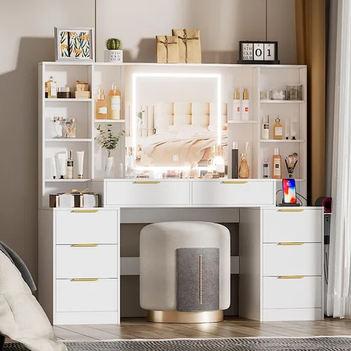 Miniatura 9 de FURNJOYLIFE Escritorio grande de maquillaje con espejo iluminado y toma de corriente, tocador con 3 modos de iluminación ajustable, cajones