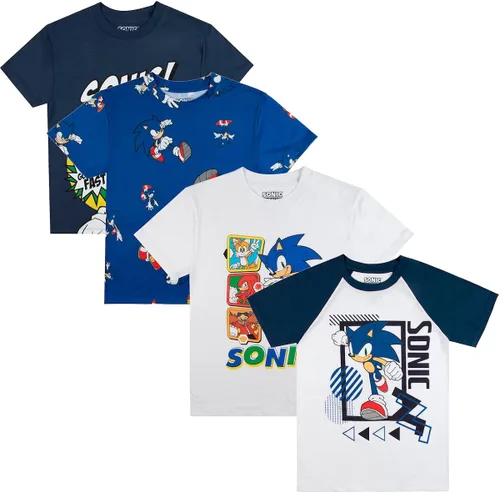 Bioworld Sonic The Hedgehog Characters - Camiseta de manga corta con cuello redondo y manga corta, paquete de 4 camisetas para niño