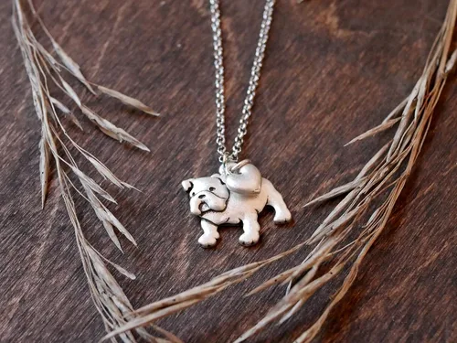 Miniatura 2 de English Bulldog Charm Necklace Bull Dog Pet Lover Gift Silver Metal with Heart Pendant on a Chain Ladies I Love Dawgs Short Hair