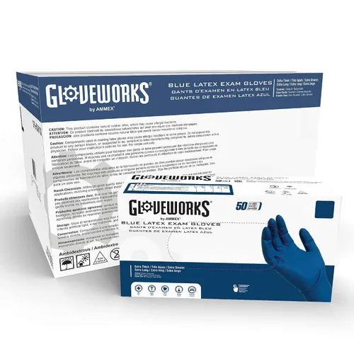 Guantes de látex resistentes Glove Plus de Ammex, caja de 50 unidades, desechables, libres de polvo, de calidad industrial, 0.4 pulgadas, color