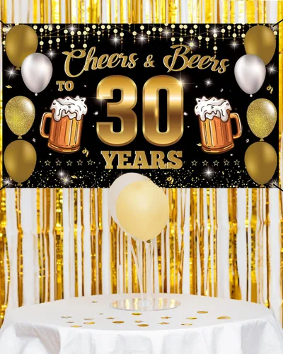 Miniatura 5 de Cartel de fondo de "Cheers & Beers to 30 Years", decoraciones de feliz cumpleaños 30 para hombres y mujeres, decoración de 30 aniversario