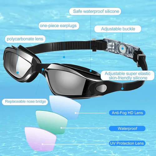 Miniatura 4 de Konohan Paquete de 8 gafas de natación sin fugas para adultos, protección UV, gafas de piscina con clip para la nariz