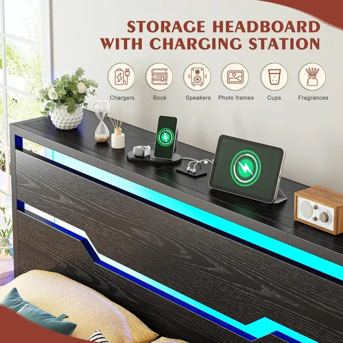 Miniatura 5 de Homkdom - Estructura de cama tamaño matrimonial con luces LED y estación de carga, estructura de cama completa con cabecero de almacenamiento, 13