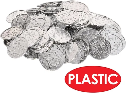 Miniatura 5 de Beistle 100 monedas de plástico en relieve de plata para casino occidental y tema pirata, recuerdos de fiesta del cofre del tesoro, 1.5 pulgadas