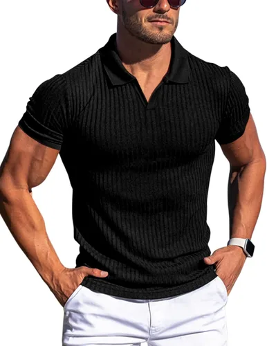 Gnvviwl Camisas tipo polo con cuello en V para hombre, ajustadas, de manga corta, de algodón, de punto acanalado, suaves
