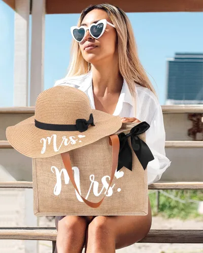 Miniatura 2 de Percozzi Wifey Bride Tote Bag Sun Hat Glasses Set Bride-To-Be Shower Gift Honeymoon Jute Bag Kit multicolor/fantasía (MRS)