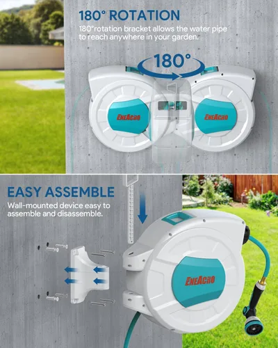 Miniatura 6 de ENEACRO Carrete de manguera de jardín retráctil con soporte de pared de 1/2 pulgadas x 100 pies con boquilla de manguera de 10 patrones, conector