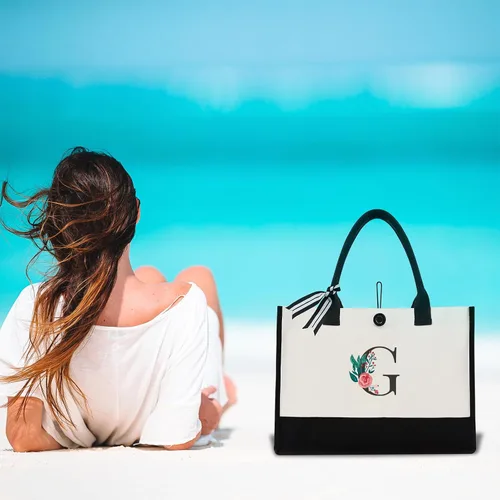 Miniatura 32 de Bolsa de lona con inicial, regalos de cumpleaños personalizados para mujeres, madres, amigas y profesoras, bolsas de mano con monograma adecuadas
