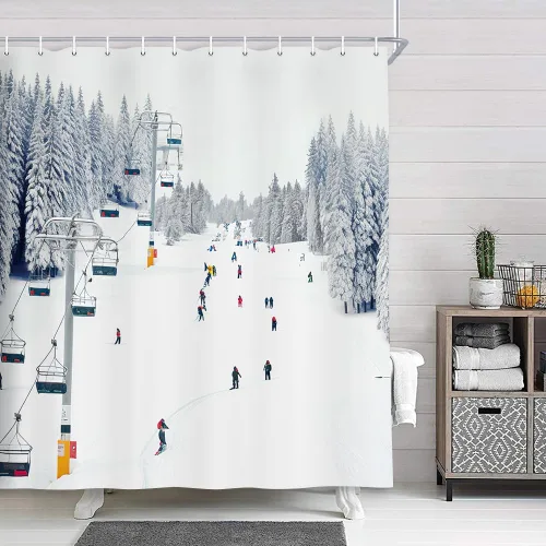 NYMB Cortina de ducha deportiva, para invierno, vacaciones, viajes, nieve, esquí, teleférico, tela de poliéster, para baño, juego de accesorios de