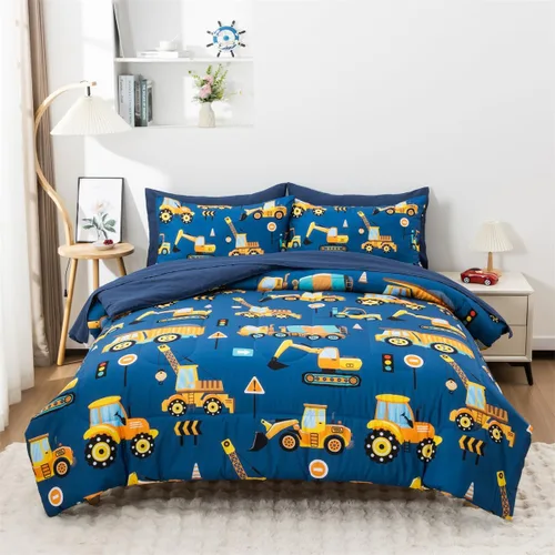 Miniatura 2 de NTBED Juego de edredón individual de 5 piezas con diseño de camión de construcción para niños varones, cama en una bolsa, vehículos excavadora, Azul