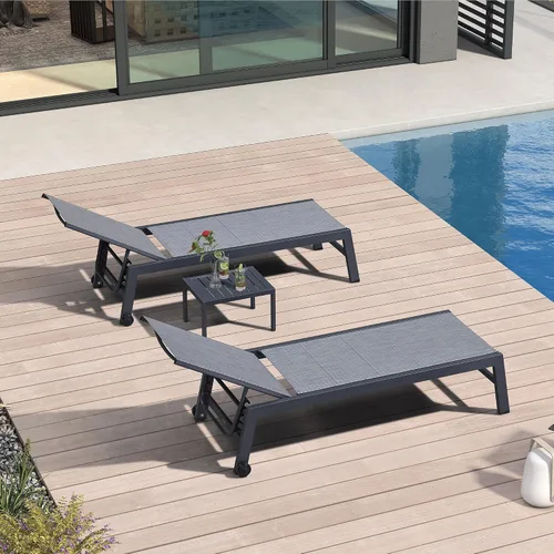 Miniatura 38 de PURPLE LEAF Juego de 2 tumbonas de aluminio para patio al aire libre con ruedas y mesa auxiliar, tumbona de piscina para jardín al aire libre, junto
