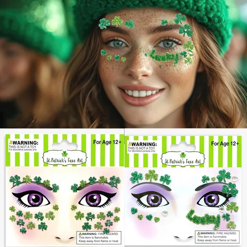 Ecuupas Día de San Patricio, gemas faciales para festivales de tréboles, trébol con purpurina verde, diseño de diamantes de imitación de ojos,