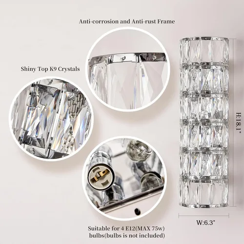 Miniatura 4 de Aplique de pared de cristal cromado de 6 capas, elegante y moderno, adecuado para baño, escalera, cocina, sala de estar, dormitorio, pasillo, 60 W
