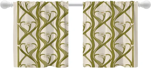 Shrahala Art Nouveau Floral Pattern Blackout Curtain Tiers, Delicate Vine and Flower Design Kitchen Valance Light Blocking Tier Drapes with Rod