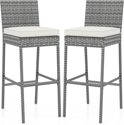 Miniatura 11 de Tangkula Juego de 2 taburetes de mimbre para patio, silla de bar para exteriores con cojín de asiento suave y reposapiés acogedor, marco de metal