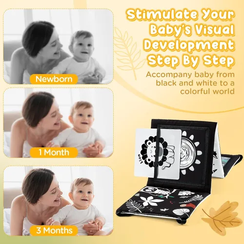 Miniatura 2 de URMYWO Juguetes con espejo para tiempo boca abajo, tarjetas de aprendizaje con estimulación visual, juguetes para bebés de alto contraste en blanco