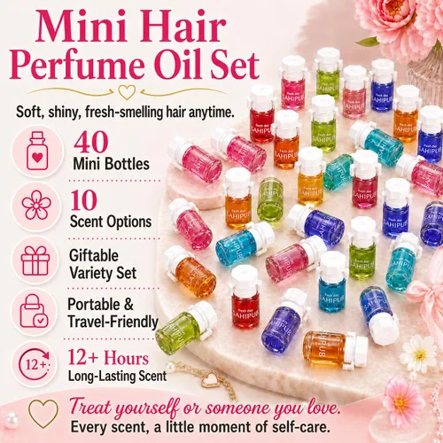Miniatura 2 de Aceite de perfume para el cabello para mujeres, 40 botellas portátiles de aceite para el cabello con 10 aromas, juego de regalo de fragancia