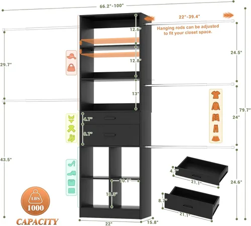 Miniatura 3 de Sistema de armario Besiost, torre organizadora de armario de 4 a 8 pies con 2 cajones y estantes de madera, puede adaptarse a un sistema de armario